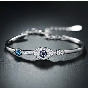 18K White Gold Plated Crystal Evil Eye Bangle